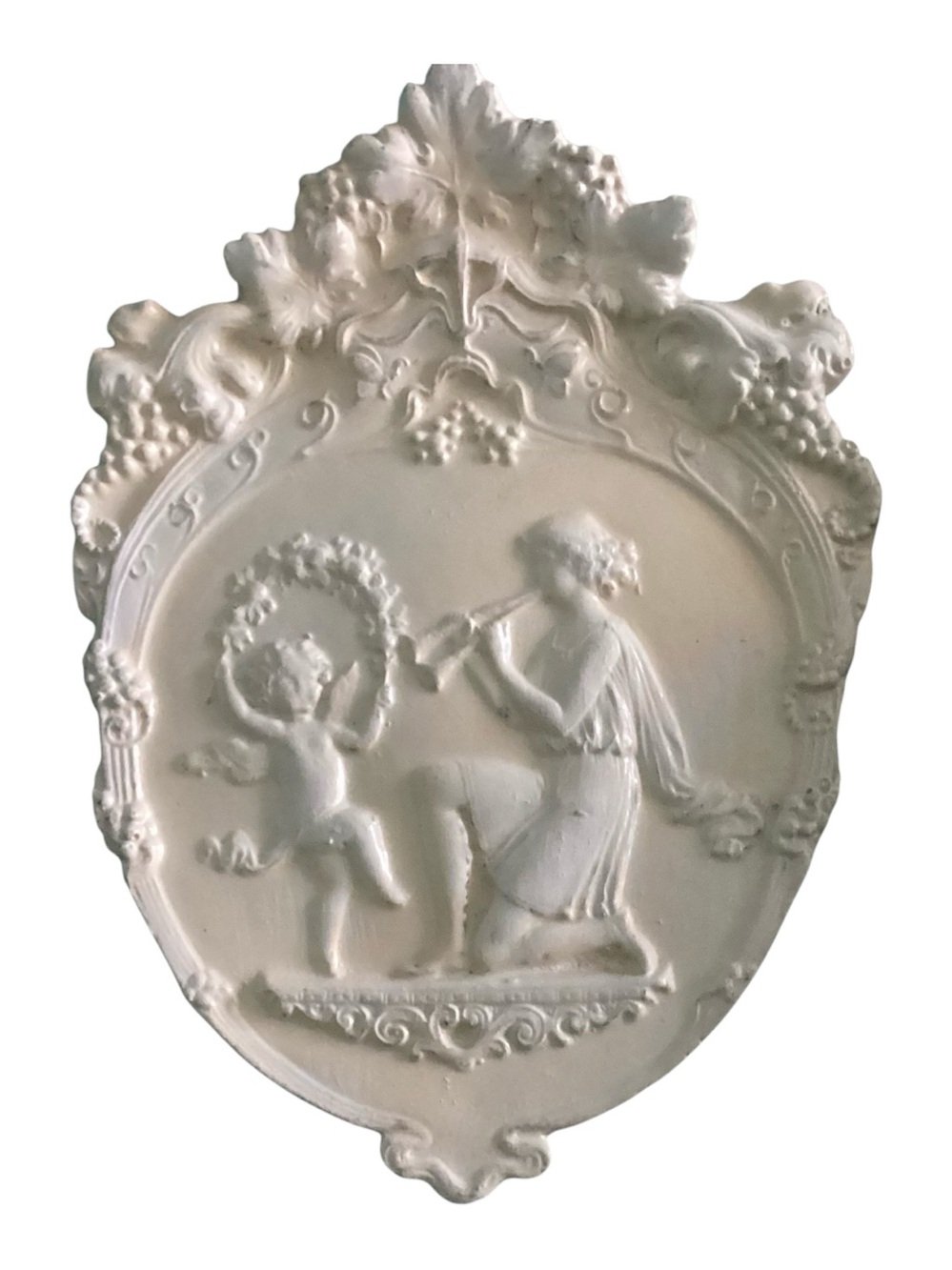 Vintage Jasperware Wall Plaque Ivory Bisque Classic Scene Lady & Cherub